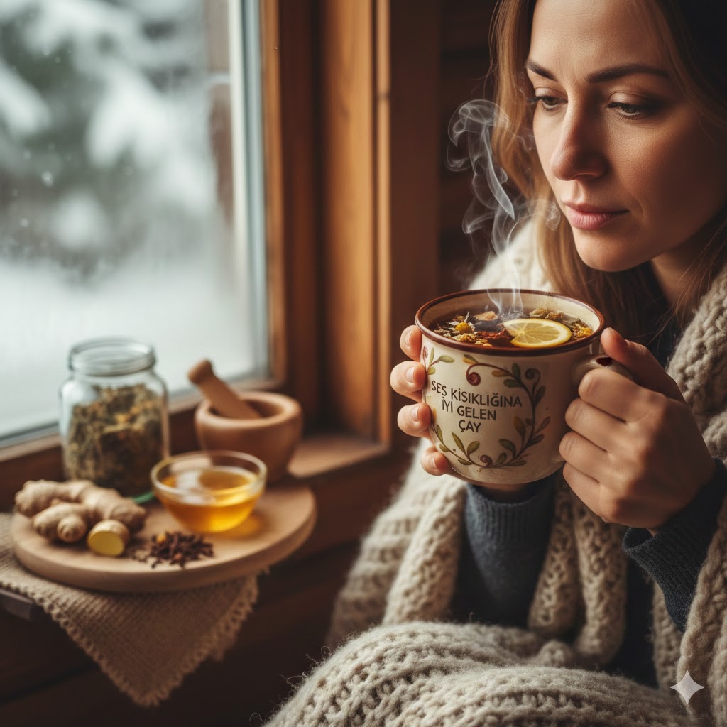 Pencere önünde battaniyeye sarılmış, ses kısıklığına iyi gelen bitki çayını içen bir kadın; yanında taze zencefil, bal ve şifalı bitkiler