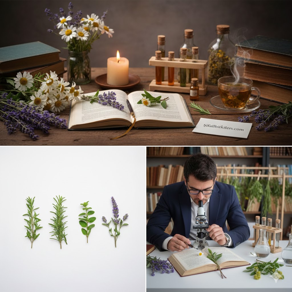Sifalıbitkiler.com ekibi tarafından hazırlanan bilimsel temelli şifalı bitkiler ve doğal yaşam araştırmaları; mikroskop, eski kitaplar ve kurutulmuş bitkiler