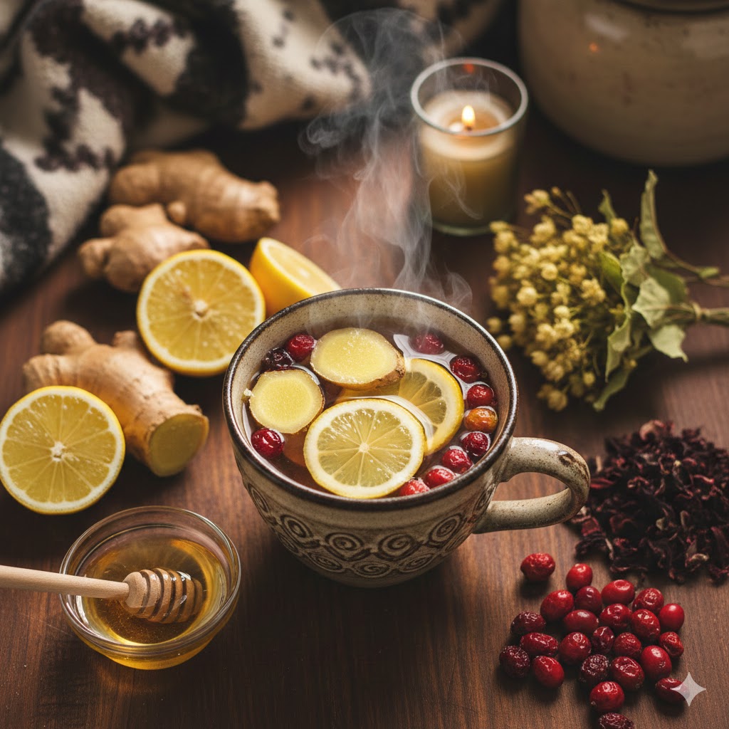 Soğuk algınlığına iyi gelen bitkiler ile hazırlanmış dumanı tüten bir kış çayı ve yanında taze zencefil, bal, limon dilimleri