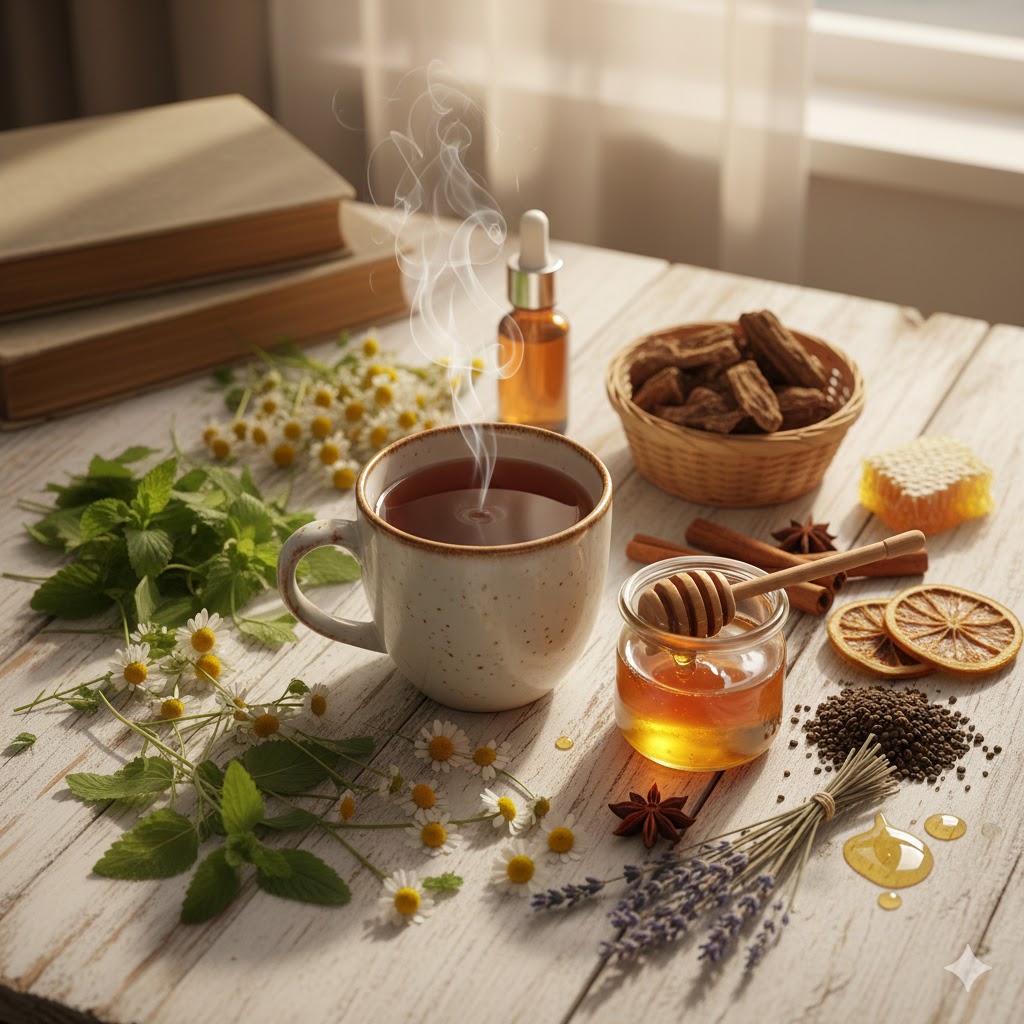 Loş ışıklı bir ortamda ahşap zemin üzerinde sergilenen uyku getiren bitkiler; kurutulmuş papatya, melisa yaprakları, kediotu kökü ve yanında gümüş kaşıkla sunulan ham bal.