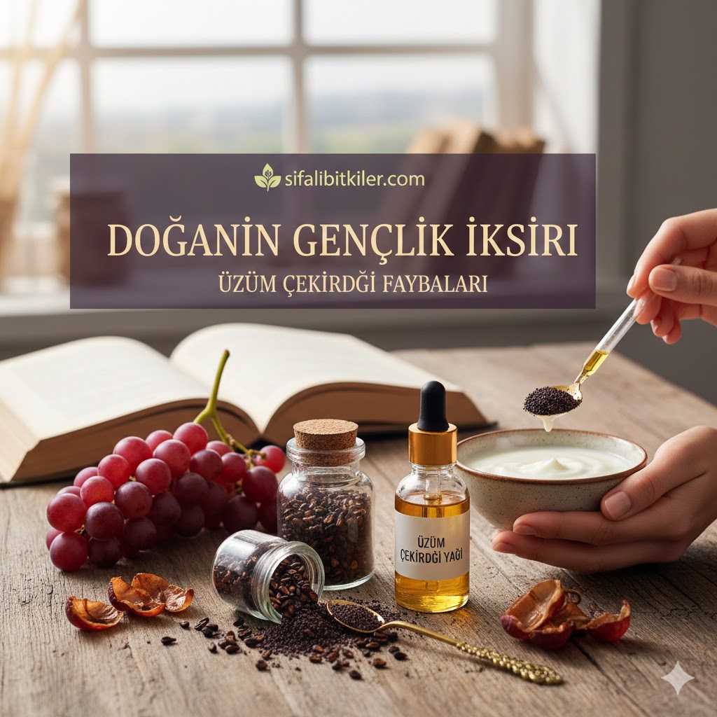 Üzüm çekirdeği faydaları için hazırlanan doğal yağ, toz ve taze üzüm içeren bilgilendirici görsel.