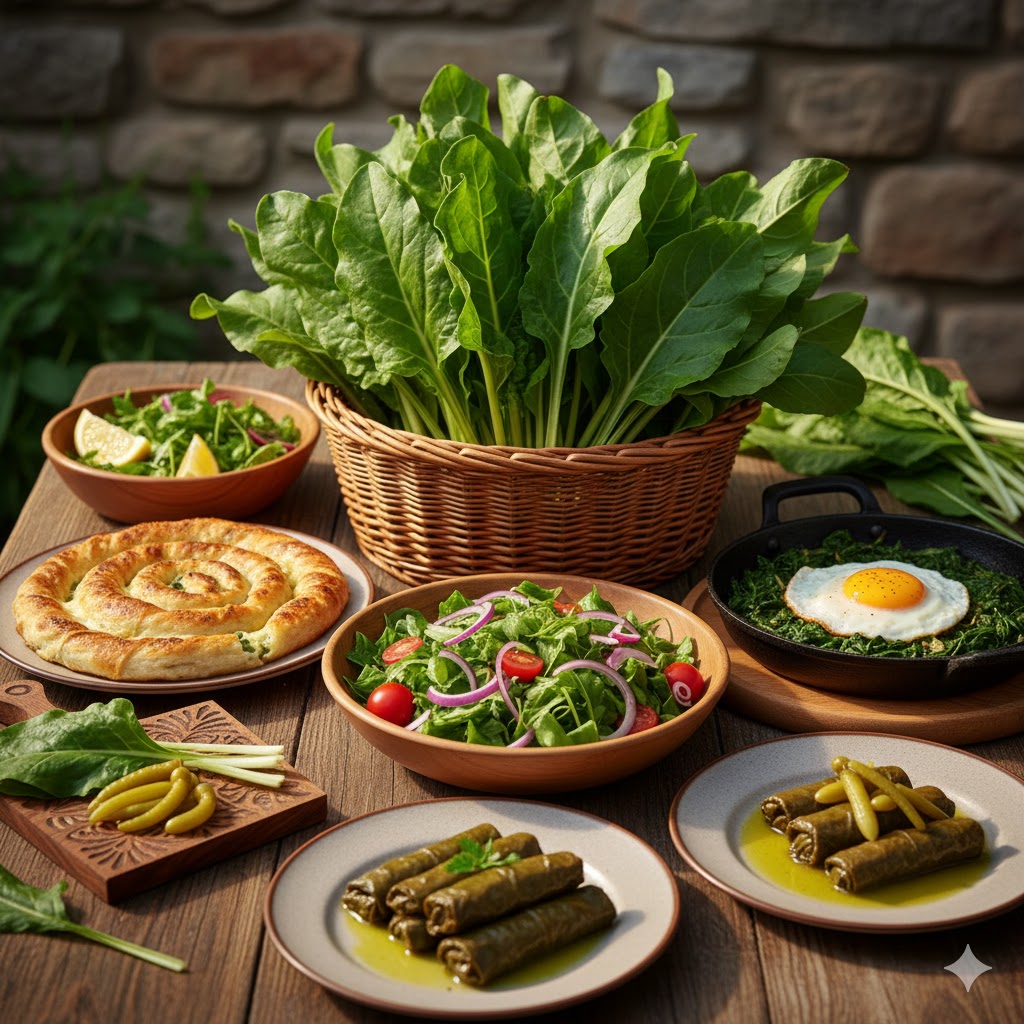 Yabani pazı yenir mi sorusunun cevabı olan şifalı yemekler, börek, sarma ve taze yabani pazı demeti.