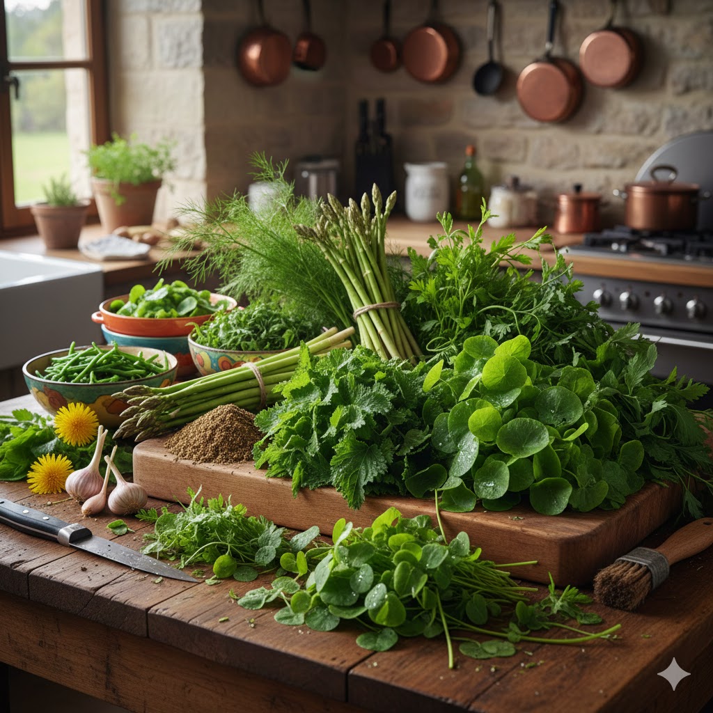 Mutfak tezgahı üzerinde taze toplanmış ısırgan, ebegümeci ve radika gibi çeşitli yenilebilir yabani otlar.
