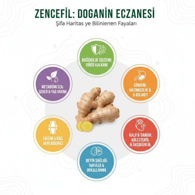 Zencefil neye iyi gelir sorusunun cevabı: Bağışıklık, beyin sağlığı, sindirim ve eklem ağrıları üzerindeki etkilerini gösteren bilgilendirici zencefil infografiği