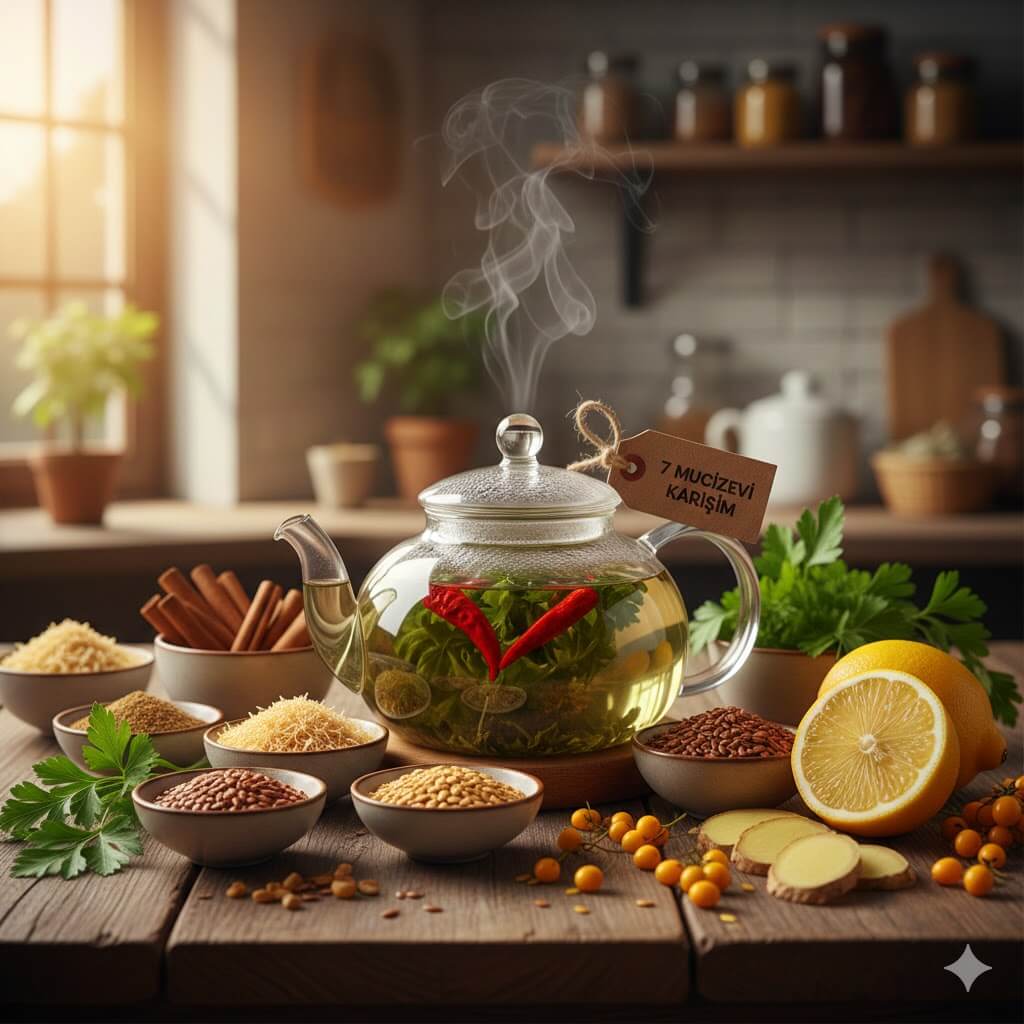 Diyet listelerine bitkisel destek sağlayan yağ yakıcı 7 mucizevi karışım, bitki çayları, taze zencefil, limon ve tarçın ile hazırlanmış şifalı bitki kompozisyonu.