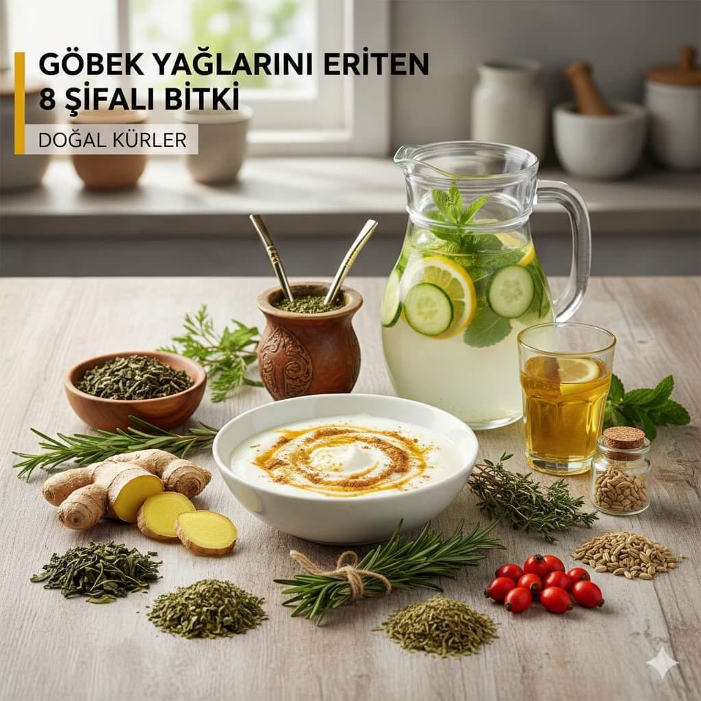 Göbek yağlarını eriten 8 şifalı bitki, yoğurt kürü ve detoks suyunun bir arada bulunduğu sağlıklı yaşam masası.