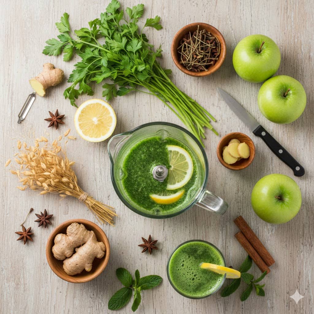 Vücuttaki şişkinliğe son veren ödem attırıcı kür için gerekli malzemeler; taze maydanoz, limon, yeşil elma, zencefil ve çubuk tarçın bir arada.